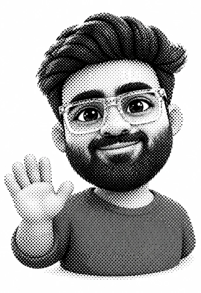 Rishabh’s smiling, waving halftone clay character